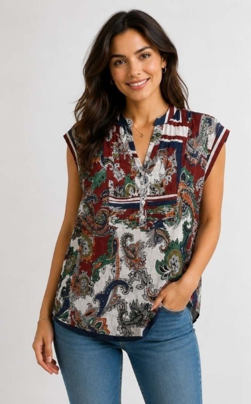 Magazine Floral Design Blouse 1/2 Buttondown Shirt Sleeveless Large NWT B15